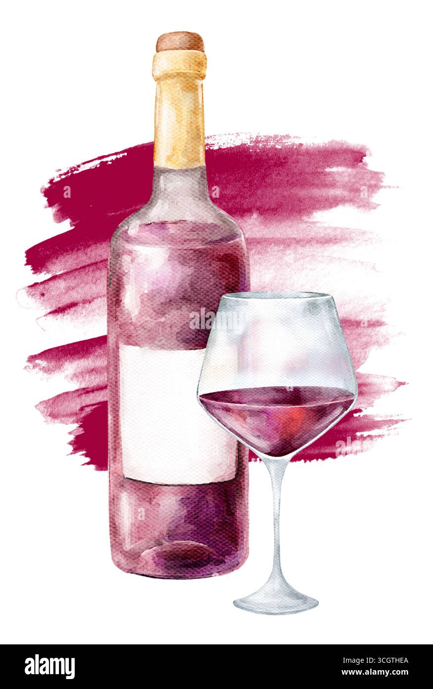 Composizioni di vino ad acquerello dipinte a mano isolate su sfondo bianco. Bottiglie, bicchieri, botti, uva, fichi e schizzi. Perfetto per gli inviti, Foto Stock