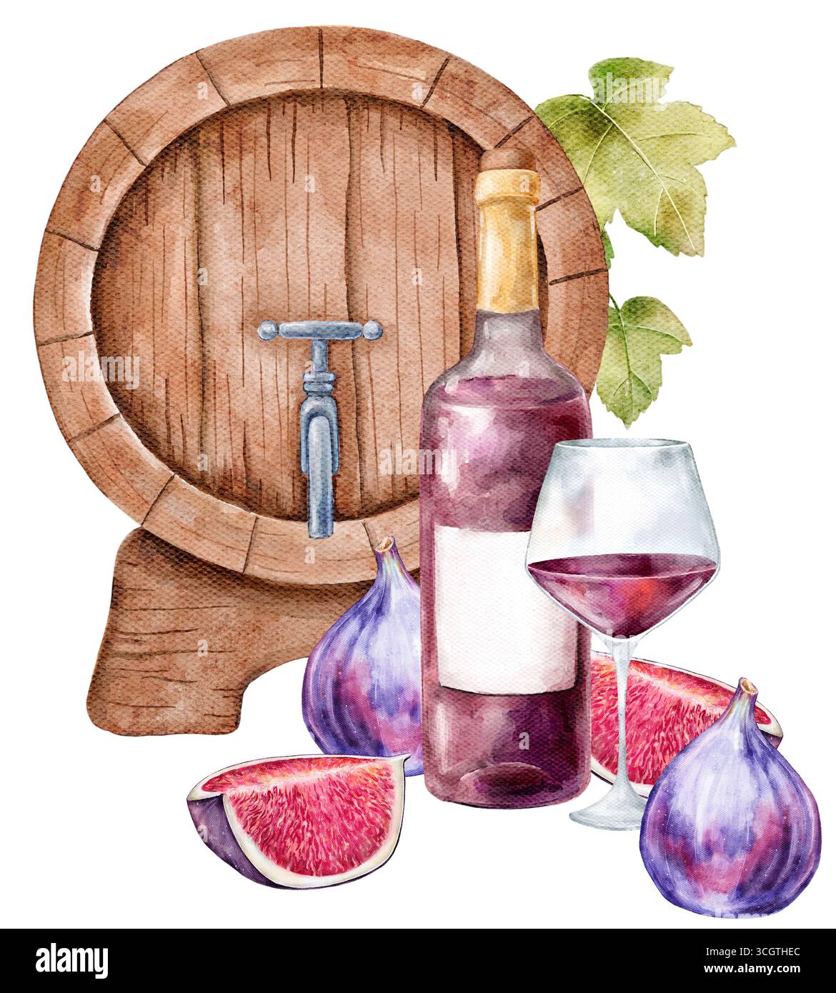 Composizioni di vino ad acquerello dipinte a mano isolate su sfondo bianco. Bottiglie, bicchieri, botti, uva, fichi e schizzi. Perfetto per gli inviti, Foto Stock