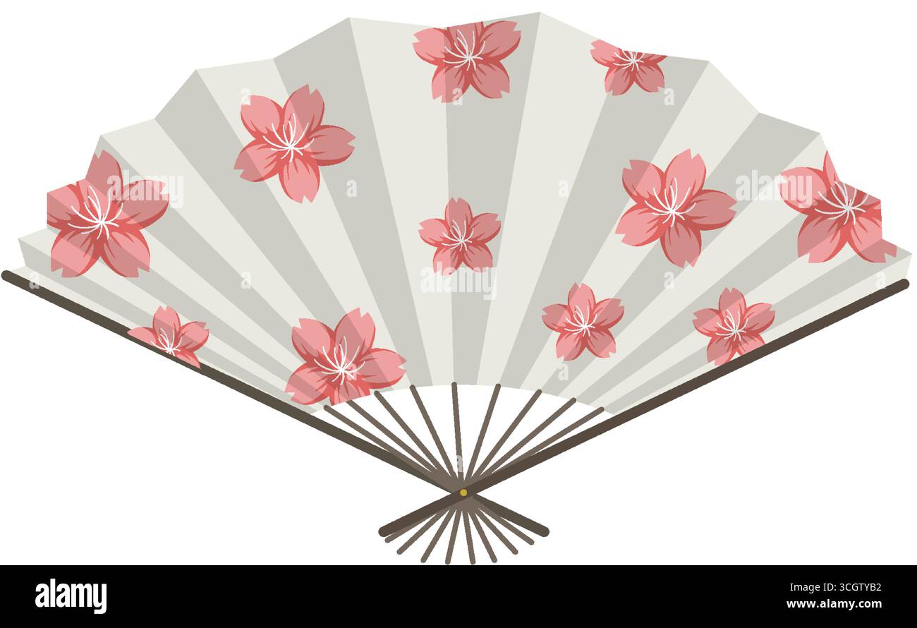 Illustrazione vettoriale di un ventilatore pieghevole in carta decorato con fiori di ciliegio rosa, in stile piatto Illustrazione Vettoriale