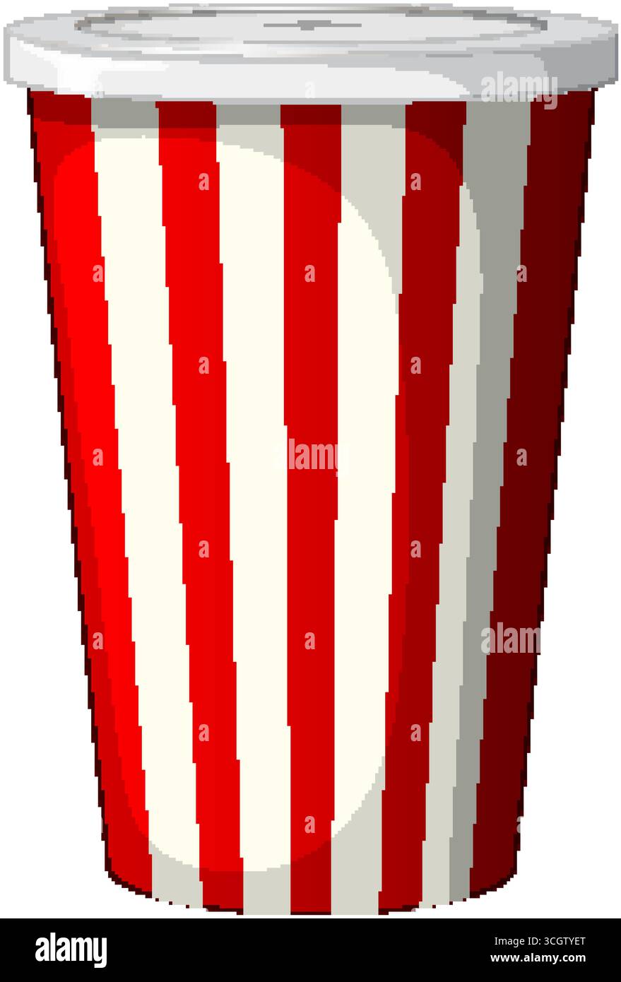 Moderna illustrazione vettoriale di una tazza da asporto a strisce rosse e bianche con coperchio. Illustrazione Vettoriale