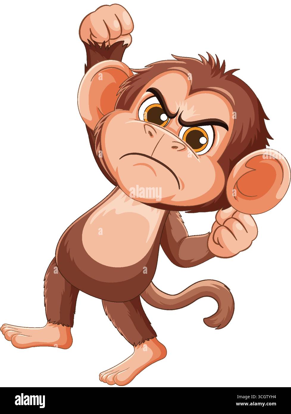 Audace cartone vettoriale di scimmia arrabbiata con pugni serrati, volto espressivo, colori brillanti, sfondo isolato. Illustrazione Vettoriale