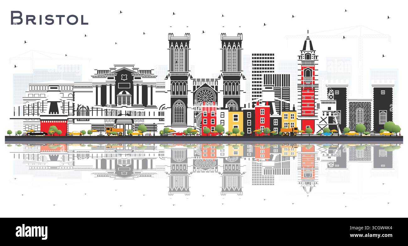 Skyline di Bristol, Regno Unito, con edifici colorati e riflessi isolati sul bianco. Illustrazione vettoriale. Paesaggio urbano di Bristol, Inghilterra, con monumenti storici. Illustrazione Vettoriale