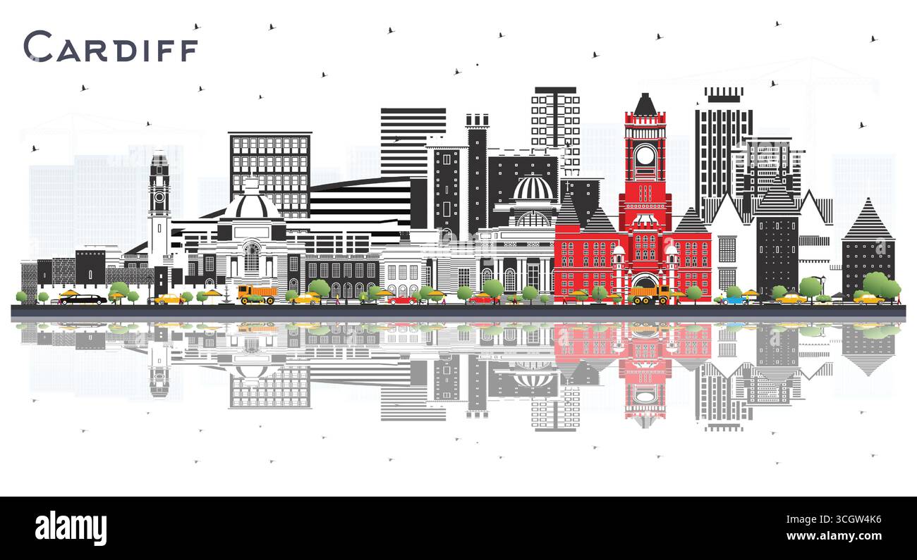 Skyline della città di Cardiff, Galles, con edifici colorati e riflessi isolati sul bianco. Illustrazione vettoriale. Paesaggio urbano di Cardiff nel Regno Unito con monumenti storici. Illustrazione Vettoriale