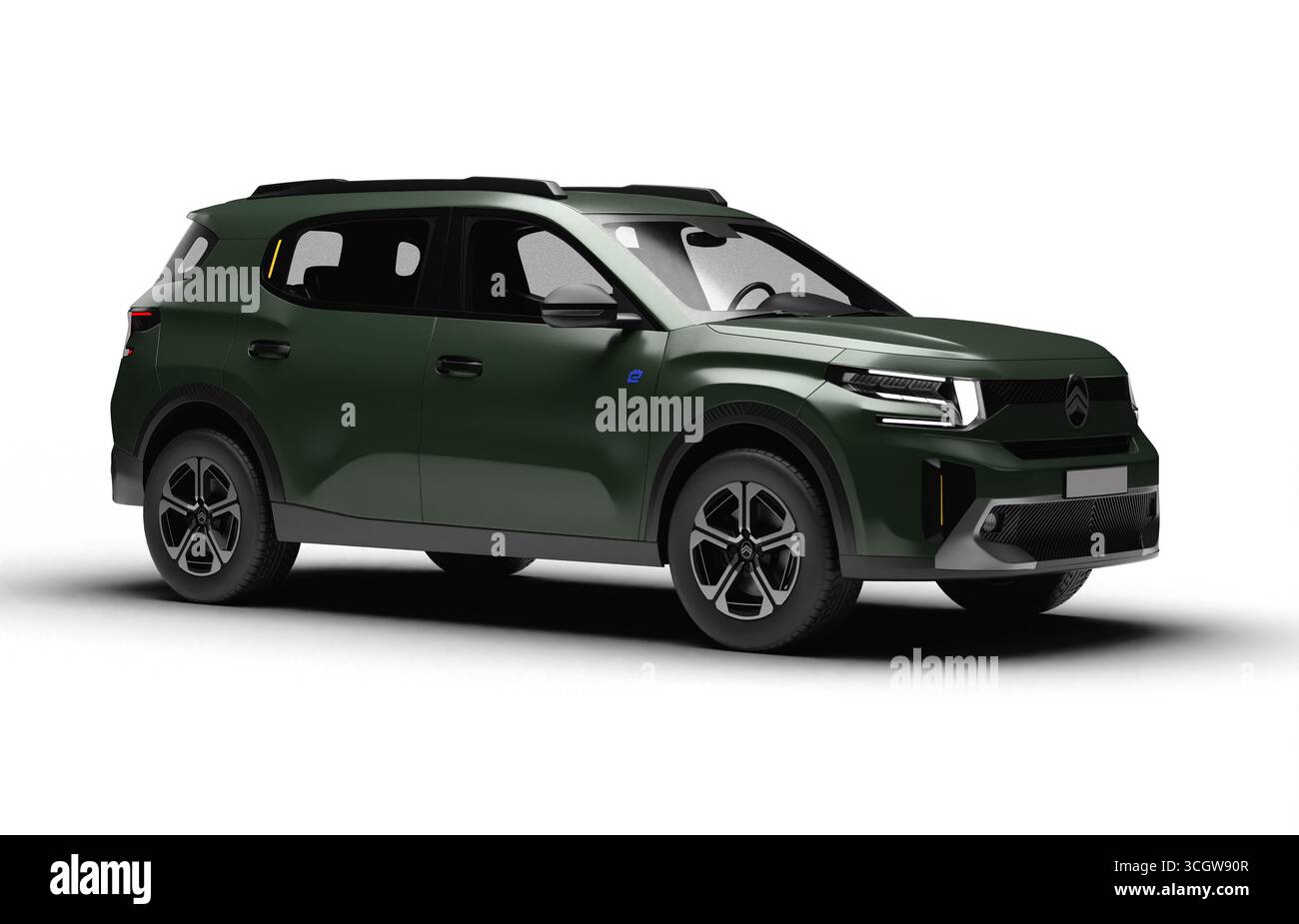 Izmir, Turchia - agosto 29 2025: Rendering realistico in 3D di un Aircross Citroen C3 2025 verde militare, vista anteriore destra, sfondo bianco. Foto Stock