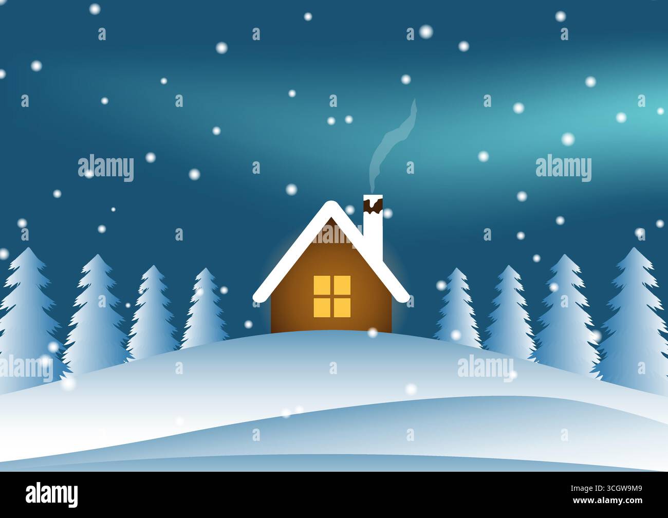 Paesaggio invernale con casa in legno circondata da pino. Illustrazione vettoriale. Illustrazione Vettoriale