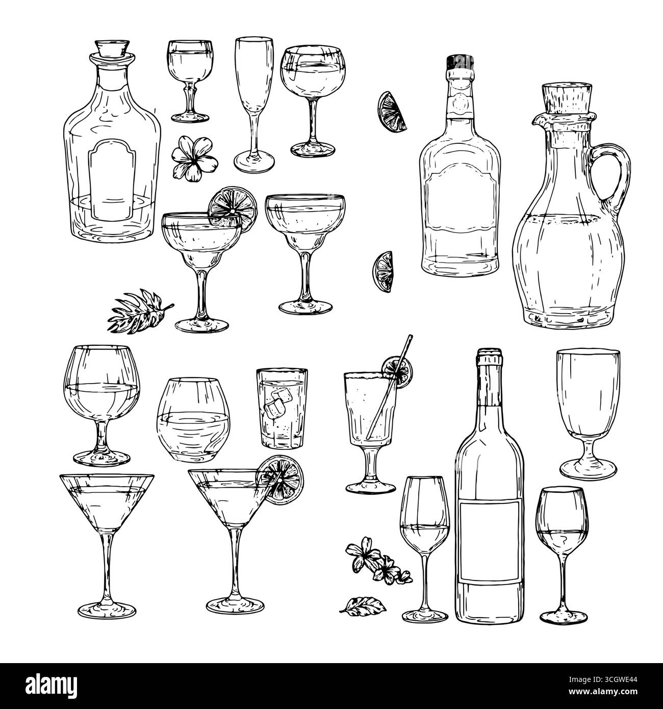 Bicchieri per vino, cocktail, limoncello e liquori, un set di silhouette, uno sketch. illustrazione vettoriale. Bottiglie e un bicchierino per alcoholi forti Illustrazione Vettoriale