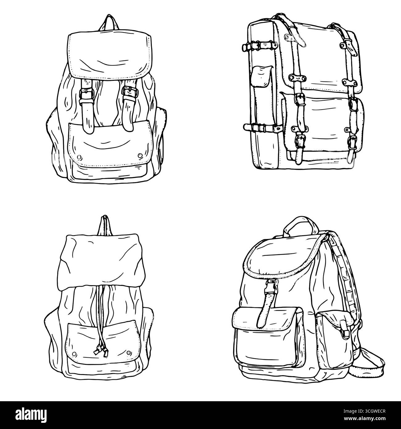 Zaino per la scuola e l'escursionismo, schizzo a inchiostro bianco e nero. Illustrazione vettoriale. Borsa-sacco con tasche, set silhouette, isolata su sfondo bianco. Illustrazione Vettoriale