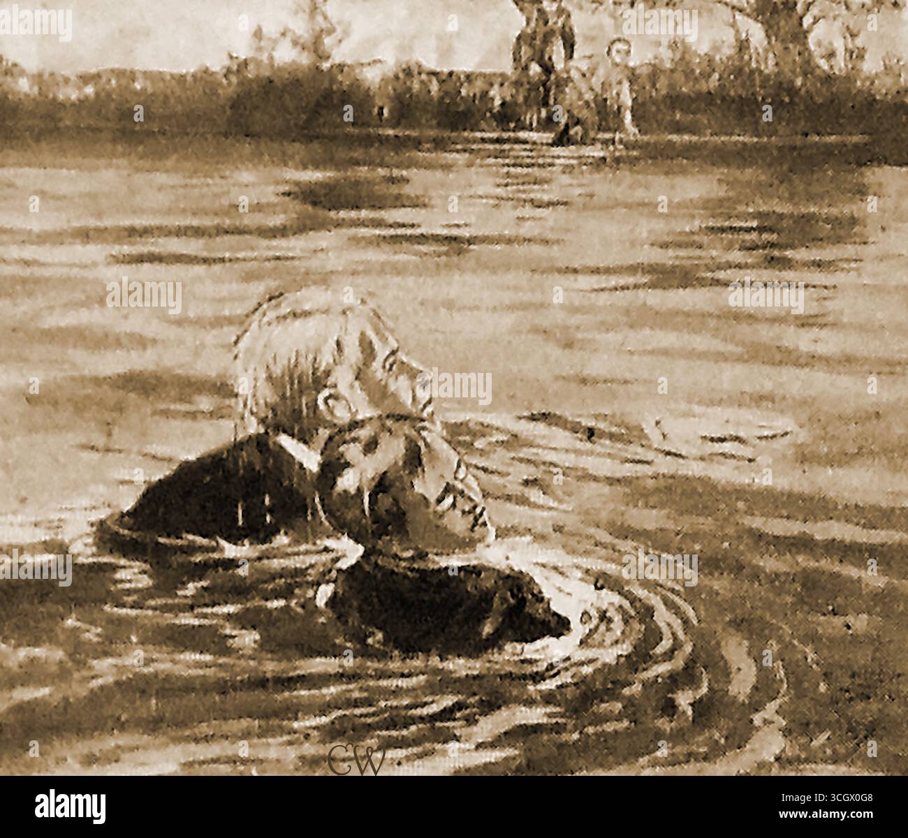 Un'illustrazione del 1908 raffigurante l'Arcidiacono irlandese di Ardfert che ha ricevuto una medaglia della Royal Humane Society per il suo salvataggio di S piccolo ragazzo dall'annegamento. --- Léaráid ón mbliain 1908 ina bhfuil Ard-Deagán Éireannach Ard Fhearta a bronnadh bonn ón Royal Humane Society air as ucht buachaill bhig a tharrtháil ó bháthadh. Foto Stock