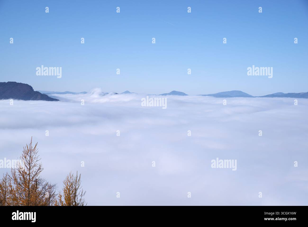Vista ad alto angolo del mare di nebbia sotto le catene montuose. Esempio ideale per fenomeni meteorologici o immagini di intestazione a tema stagionale. Foto Stock