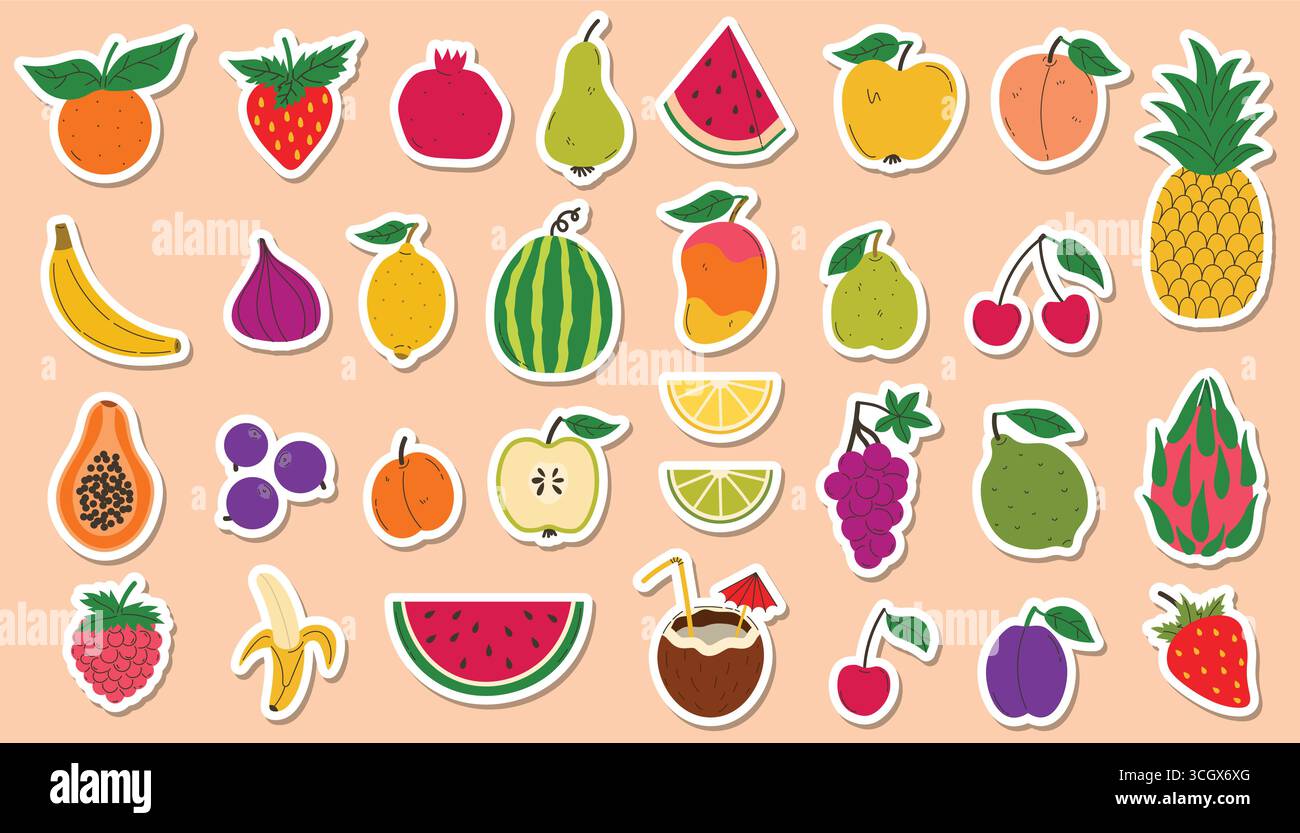 Set di adesivi colorati alla frutta in stile cartoni animati piatto. Icone luminose e giocose per l'estate, cibo, mangiare sano, design digitale, scrapbooking, bambino Illustrazione Vettoriale