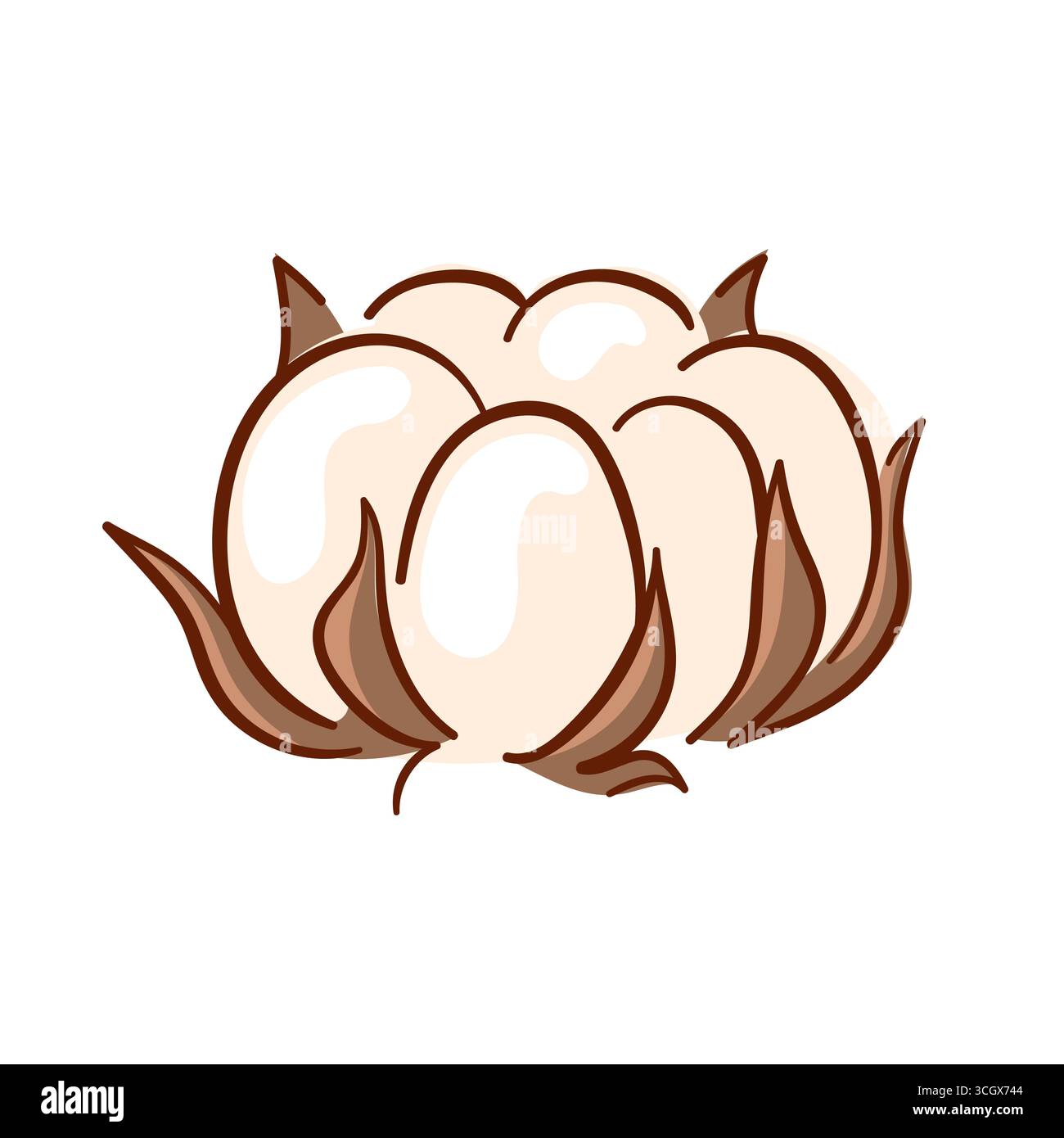 Logo piatto di un bordino di cotone con morbide fibre bianche e guscio marrone isolato su sfondo bianco per l'agricoltura tessile e prodotti biologici Illustrazione Vettoriale