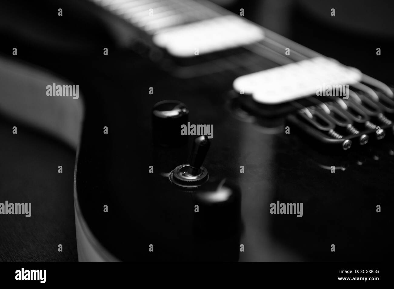 Foto in bianco e nero di due chitarre elettriche affiancate, che mostrano corde, pickup e dettagli. La composizione artistica enfatizza il contrasto e. Foto Stock