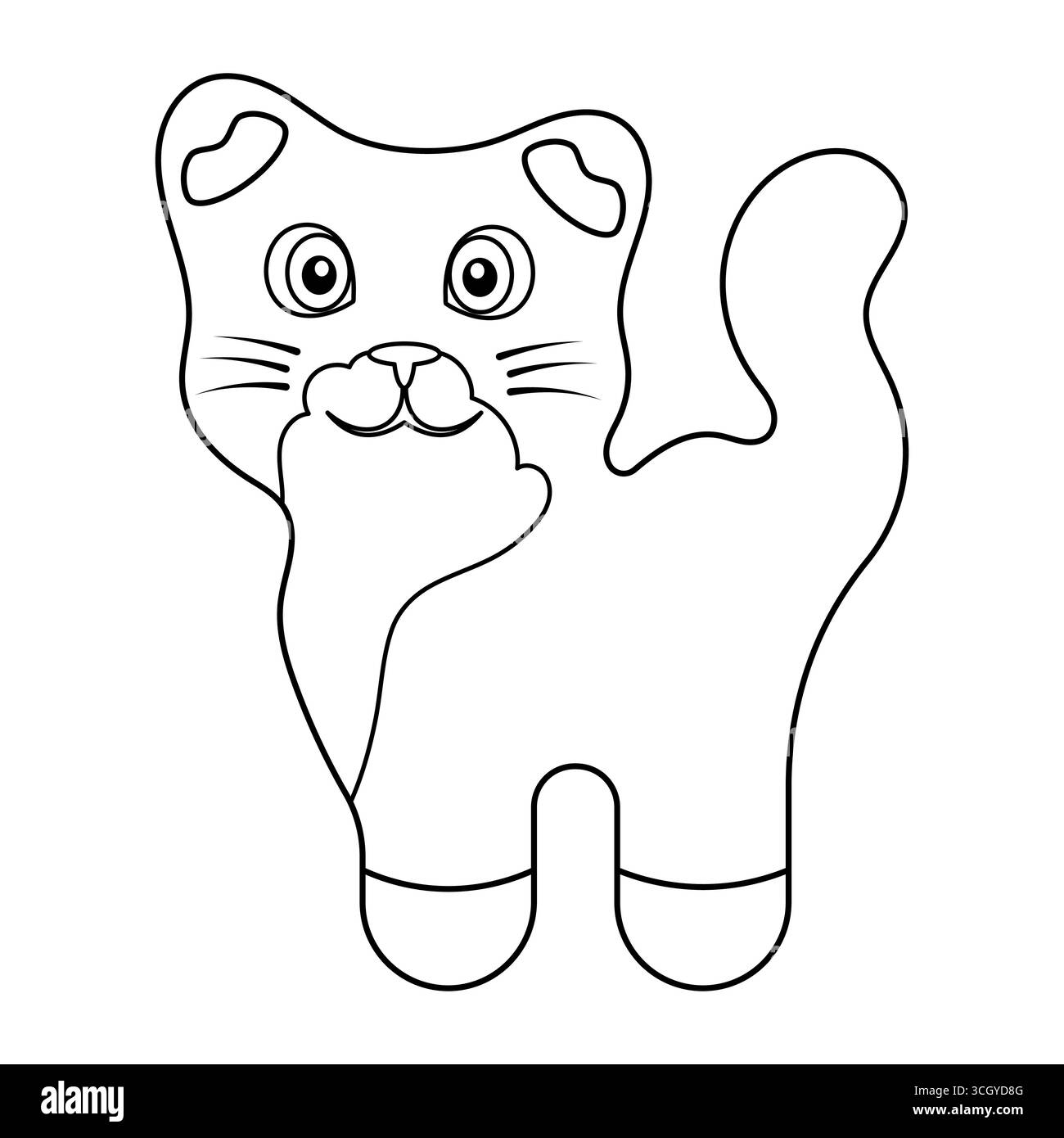 Illustrazione vettoriale sagomata del gatto carino di cartone animato. Il gatto ha una grande testa arrotondata con due orecchie carine, occhi ampi espressivi e una piccola bocca sorridente. Illustrazione Vettoriale