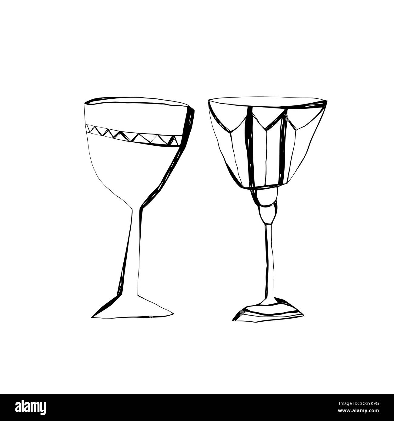 Calici disegnati a mano, tazze d'epoca disegnano illustrazioni per feste medievali o progetti di design di halloween Illustrazione Vettoriale