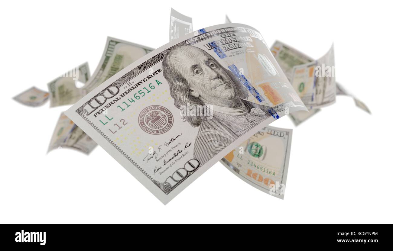 Banconote da 100 dollari statunitensi in caduta casuale isolate su sfondo bianco. Foto Stock