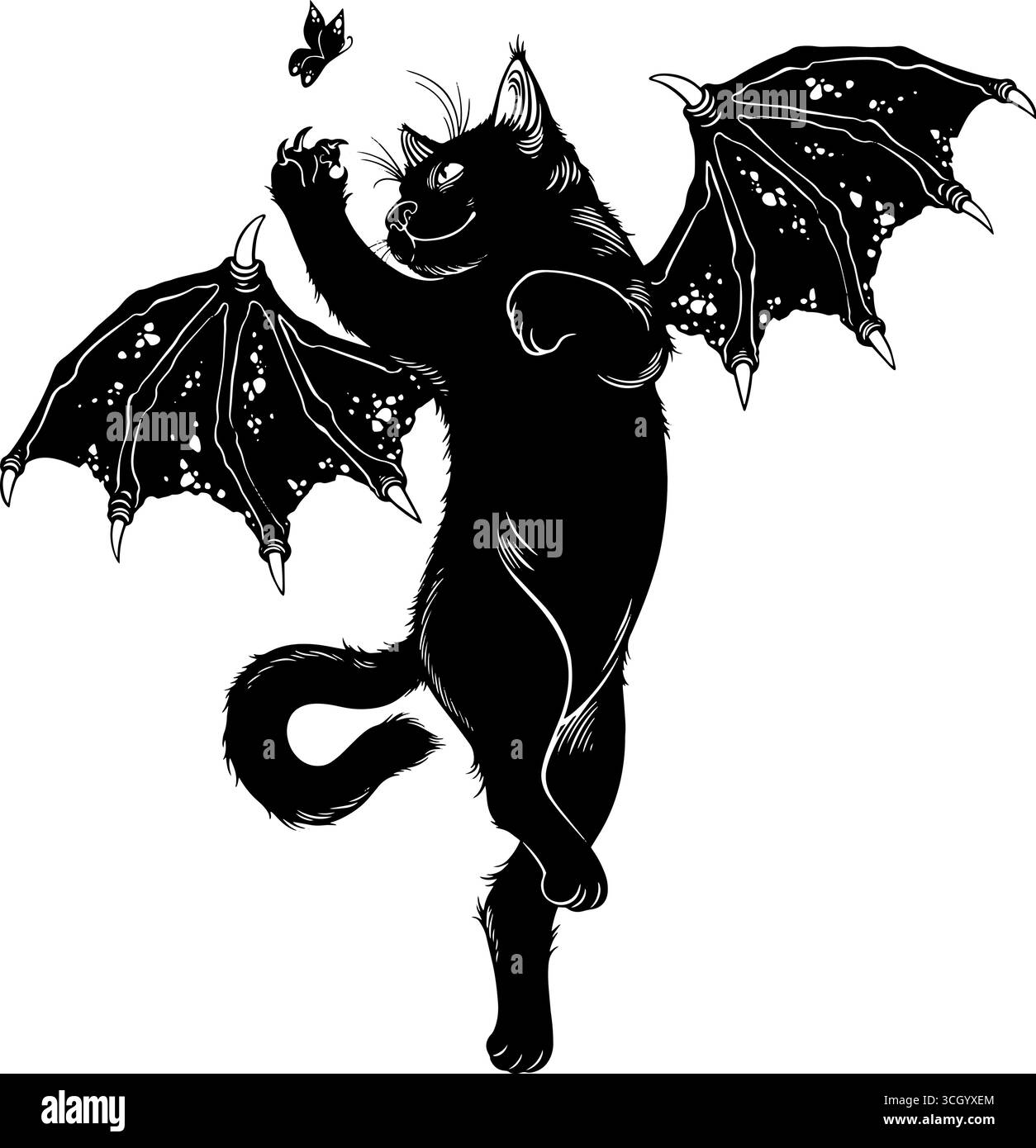 Gattino nero con ali a caccia di farfalle. Illustrazione vettoriale Illustrazione Vettoriale