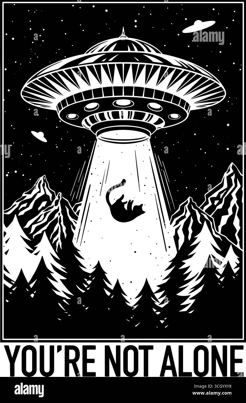 Non siete soli. UFO rapisce un gatto, simpatico poster UFO. Illustrazione vettoriale Illustrazione Vettoriale