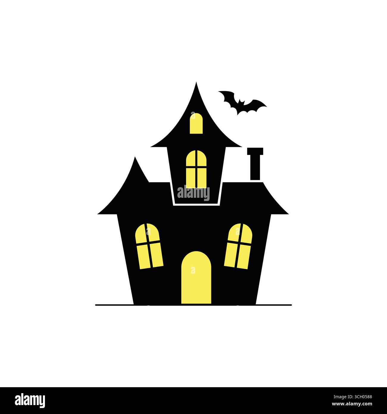 Sagoma della casa infestata da fantasmi con un pipistrello e un'illustrazione vettoriale a tema Halloween Illustrazione Vettoriale