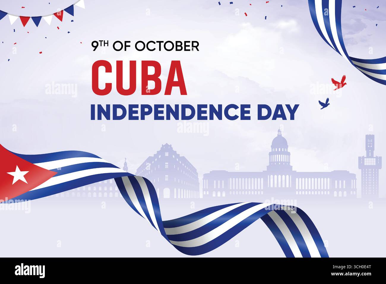 Cuba bandiera che sventola sullo sfondo Skyline. Illustrazione vettoriale del concept Independence Day. Illustrazione Vettoriale