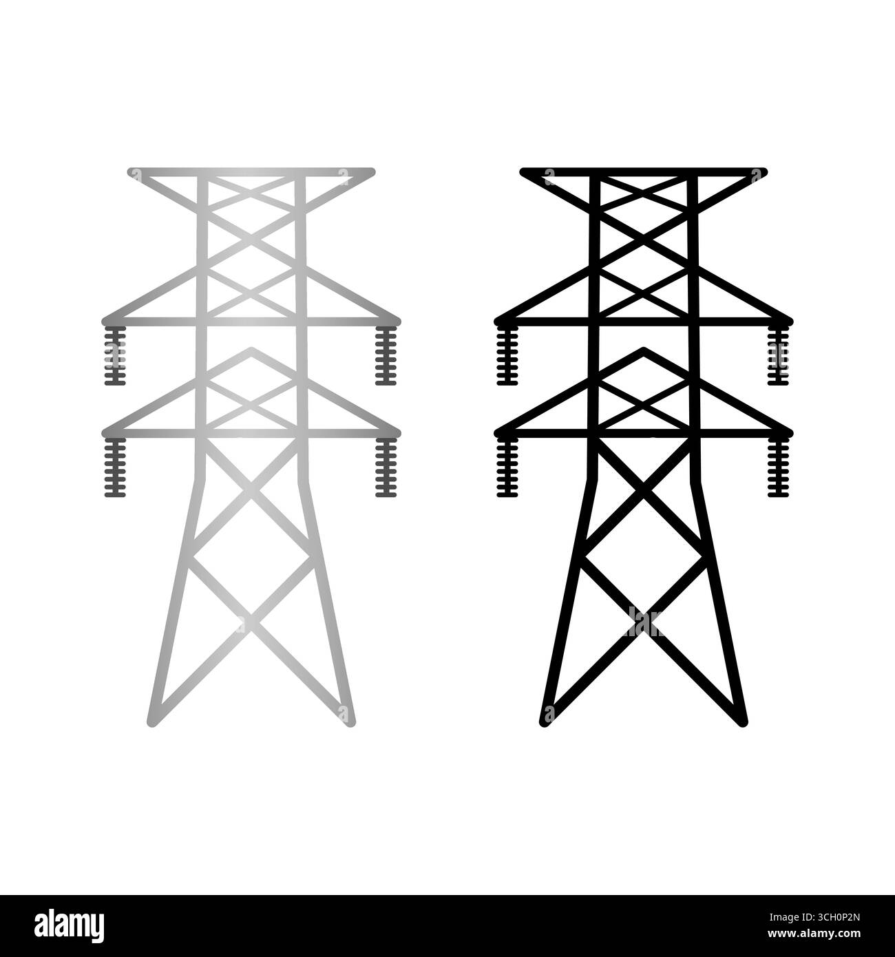 Torre elettrica. Tralicci elettrici. Polo ad alta tensione. Torre di trasmissione della potenza. Isolato su sfondo bianco. Illustrazione vettoriale. Illustrazione Vettoriale