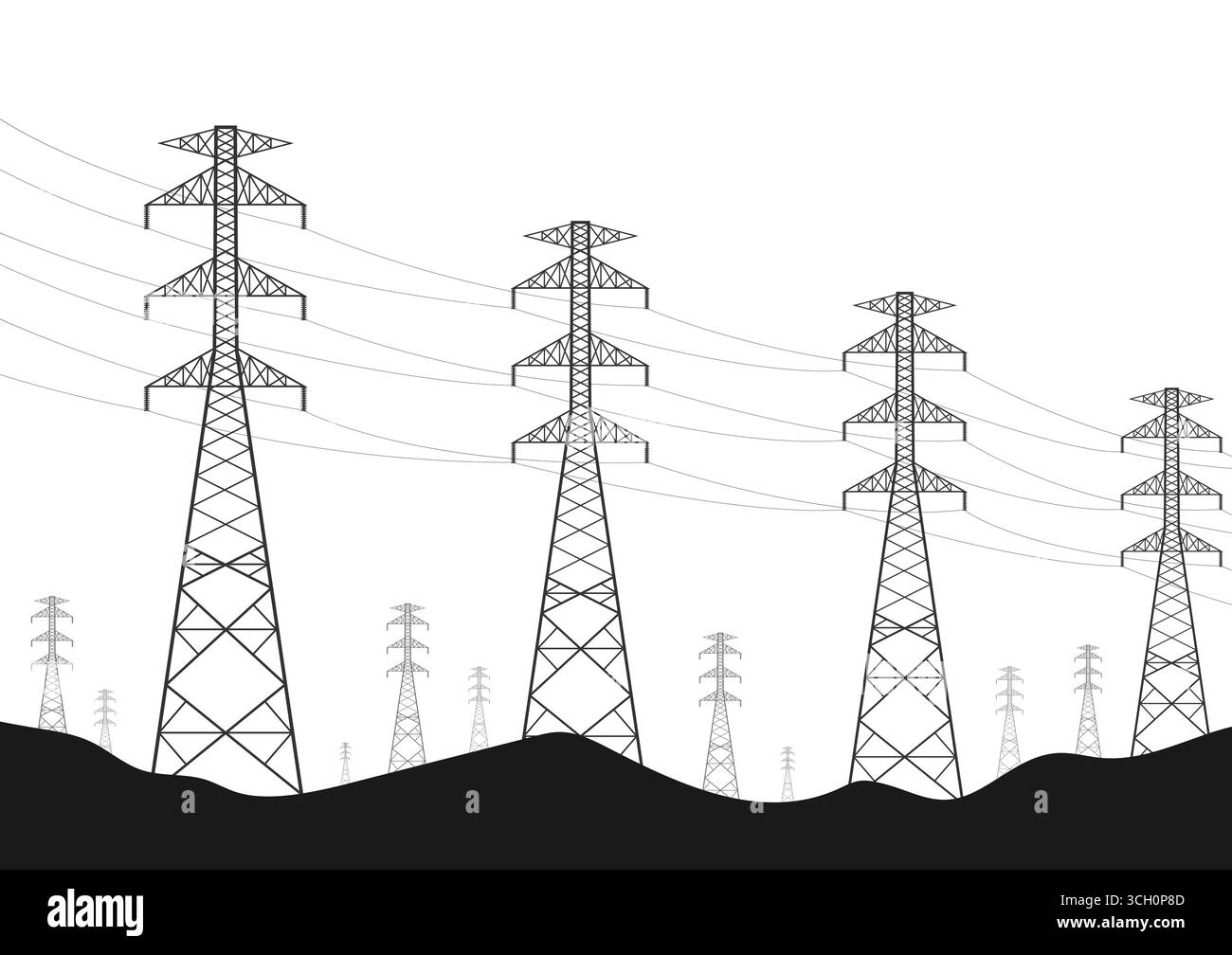 Sagoma della torre elettrica. Tralicci elettrici. Polo ad alta tensione. Illustrazione del vettore della torre di trasmissione dell'alimentazione. Illustrazione Vettoriale