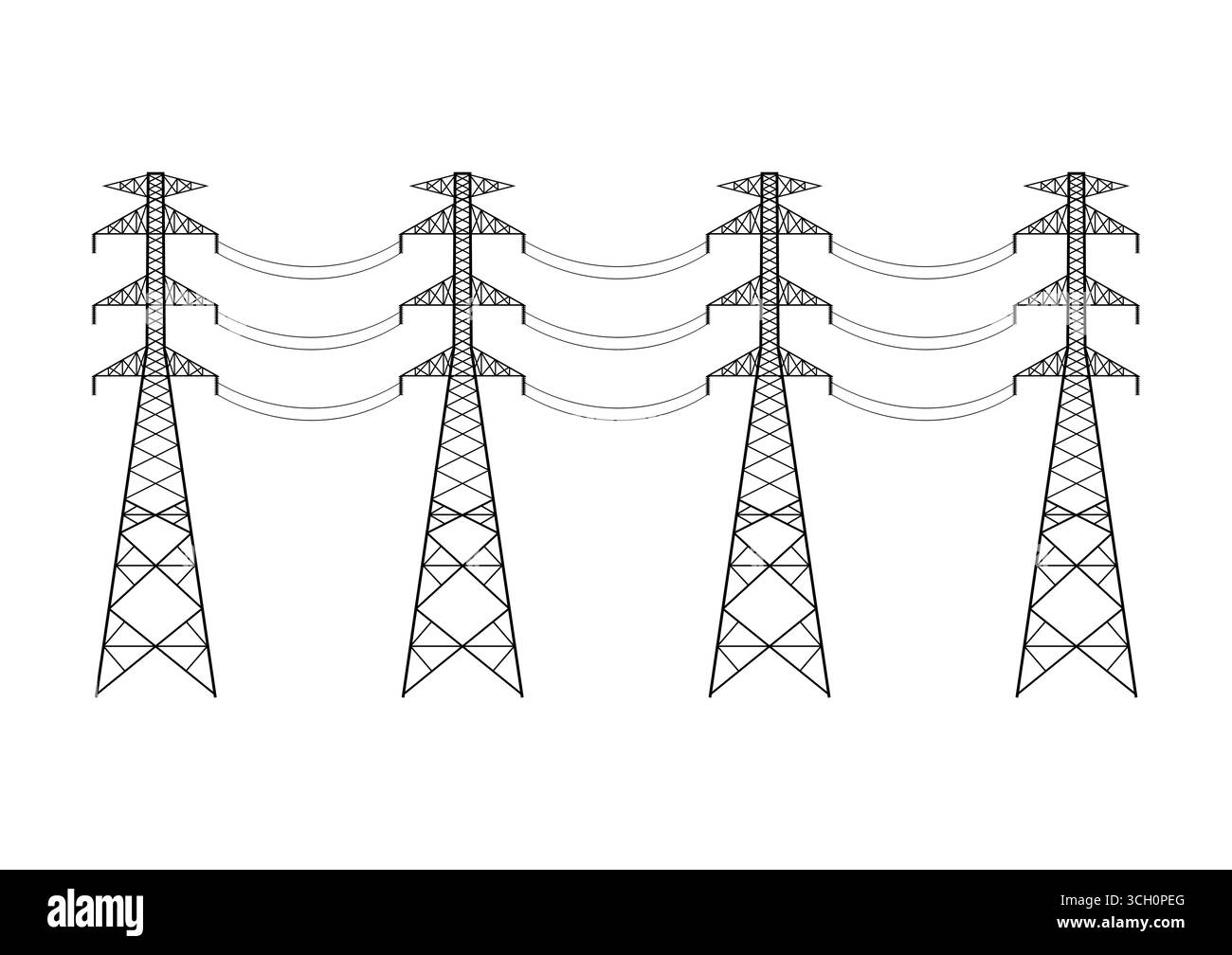 Torre elettrica. Tralicci elettrici. Polo ad alta tensione. Torre di trasmissione della potenza. Isolato su sfondo bianco. Illustrazione vettoriale. Illustrazione Vettoriale