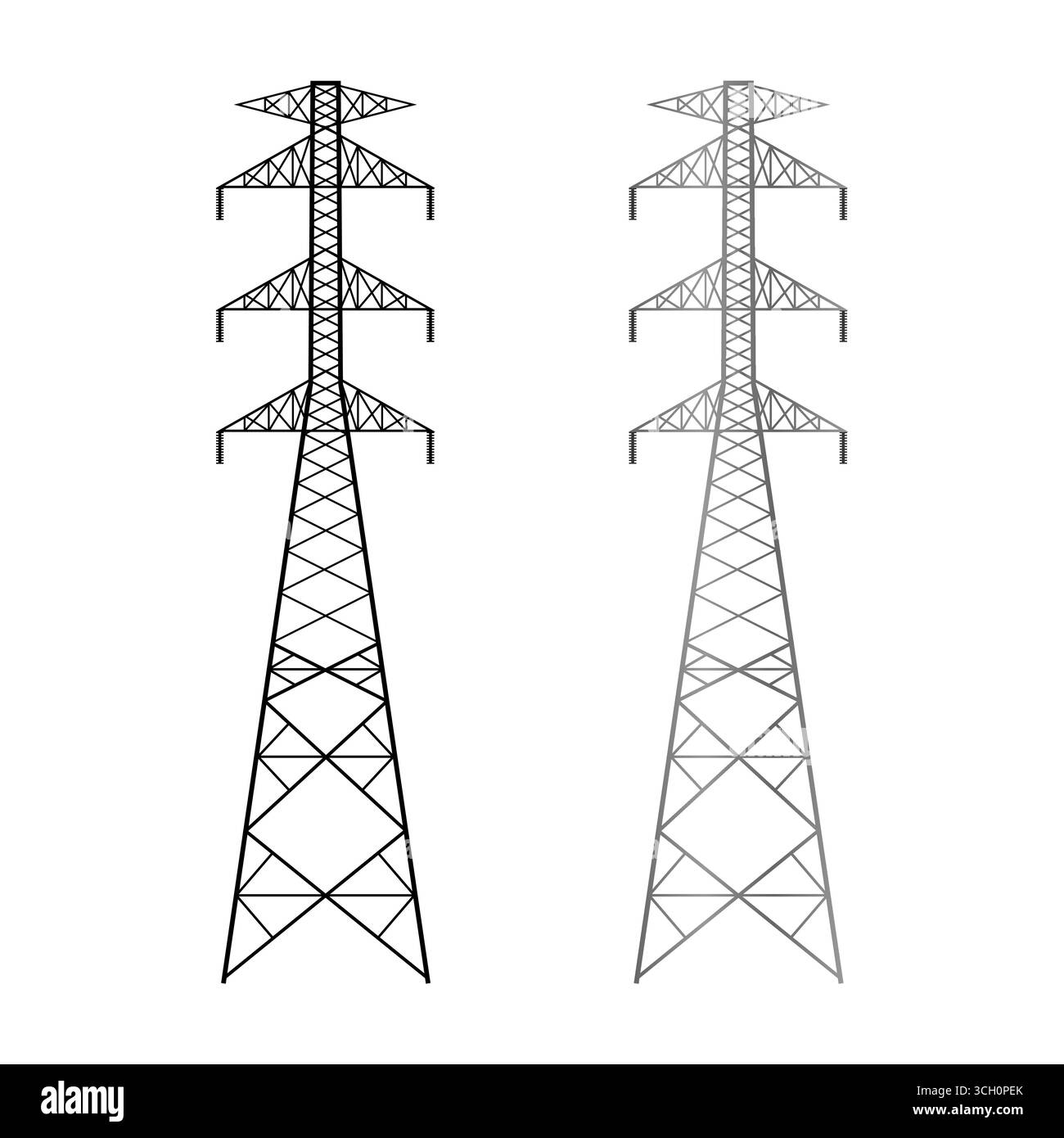 Torre elettrica. Tralicci elettrici. Polo ad alta tensione. Torre di trasmissione della potenza. Isolato su sfondo bianco. Illustrazione vettoriale. Illustrazione Vettoriale