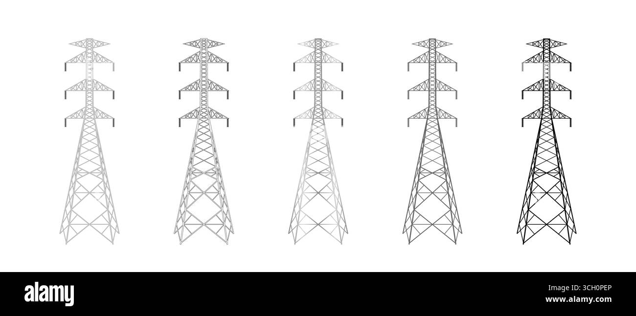 Torre elettrica. Tralicci elettrici. Polo ad alta tensione. Torre di trasmissione della potenza. Isolato su sfondo bianco. Illustrazione vettoriale. Illustrazione Vettoriale