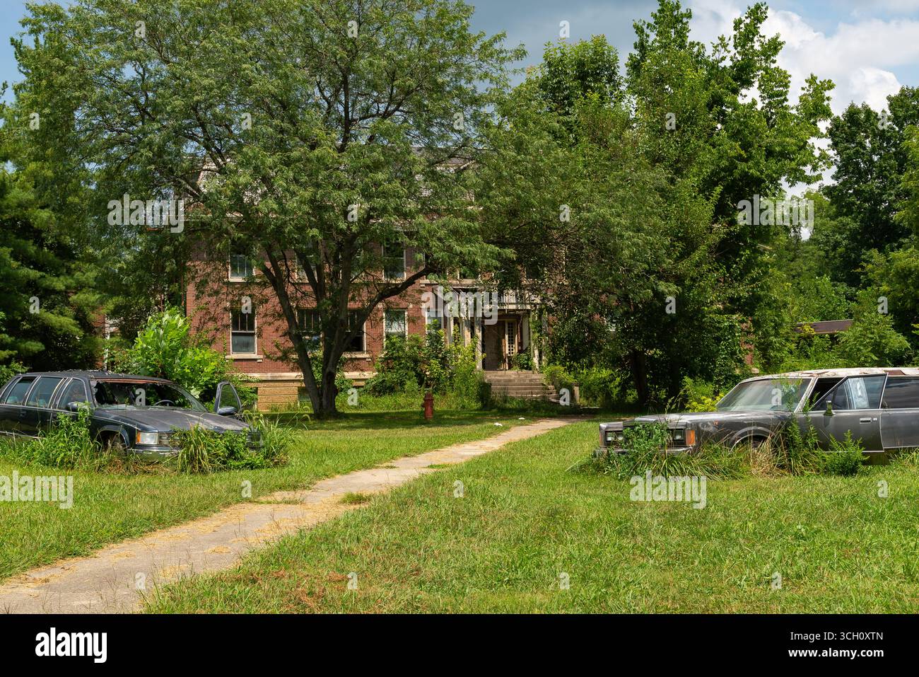 Esterno dell'Indiana State Sanitorium abbandonato a Rockville, Indiana, Stati Uniti. Foto Stock