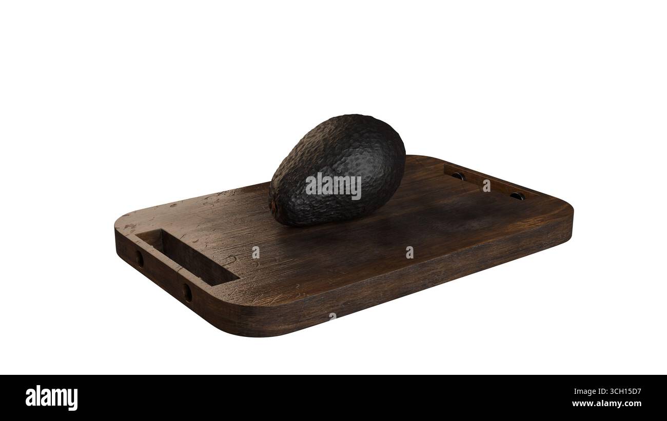 Rendering 3D estremamente realistico di un singolo avocado su un tagliere in legno con sfondo bianco, perfetto per cataloghi di prodotti e pubblicità alimentare. Foto Stock