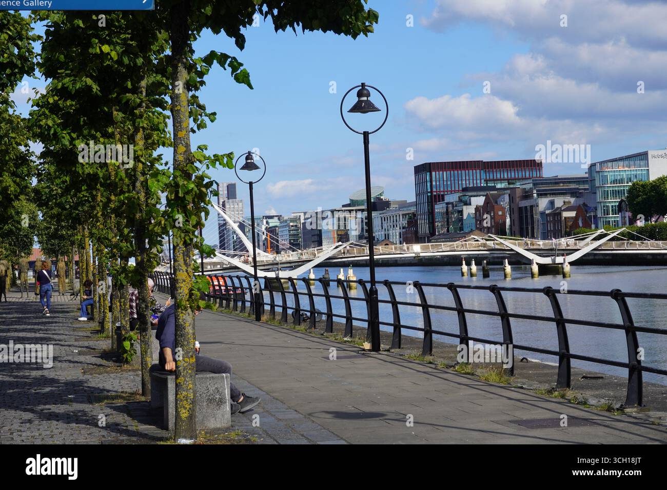Una banchina a Dublino, che mostra una passeggiata alberata lungo il fiume Liffey con il Ponte Samuel Beckett di Calatrava e gli edifici moderni. Foto Stock