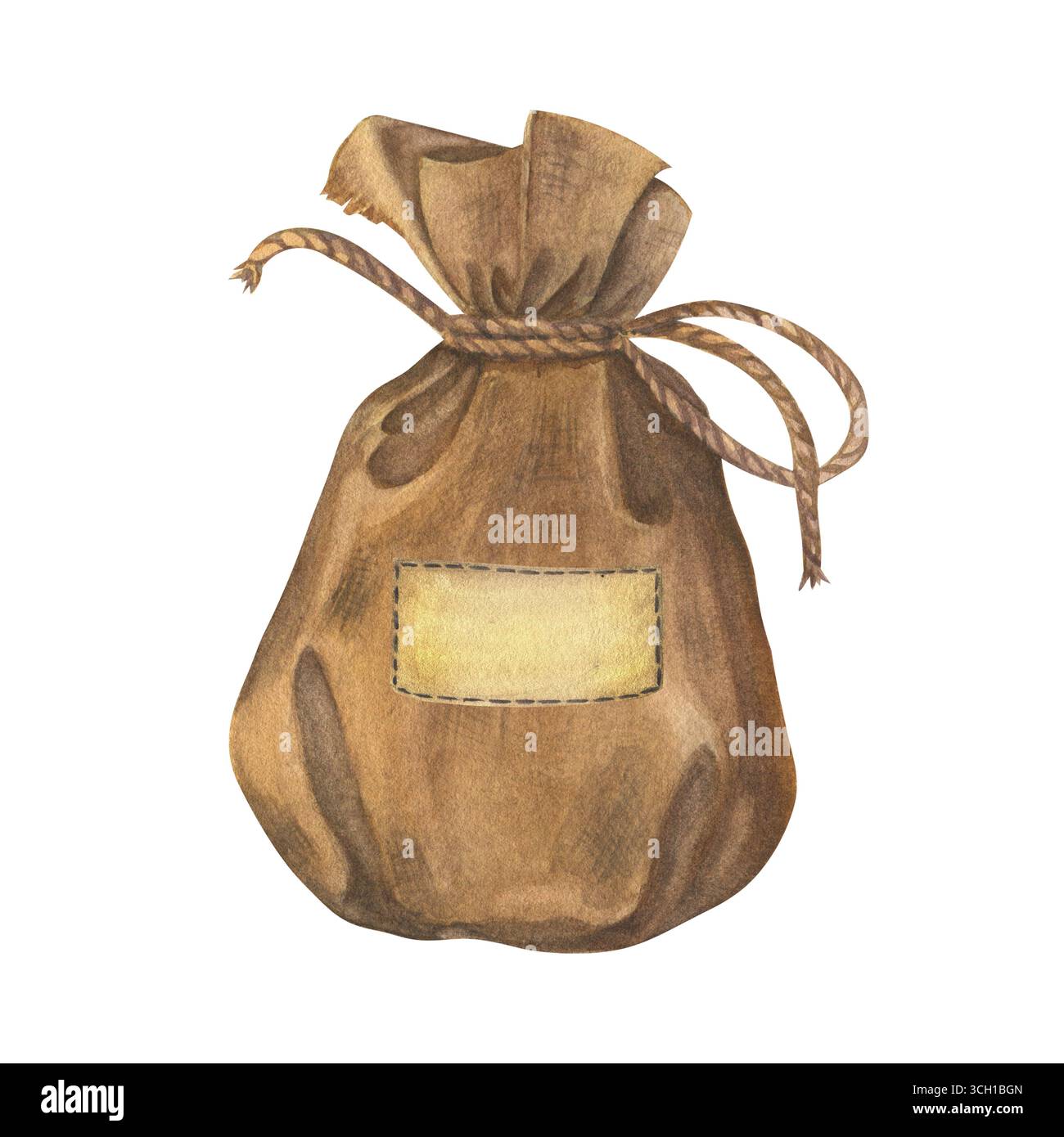 Borsa in tessuto vuota in tonalità beige naturali. Illustrazione acquerello isolata. Pittura a mano. Adatto per imballaggi ecologici, brandina di prodotti biologici Foto Stock