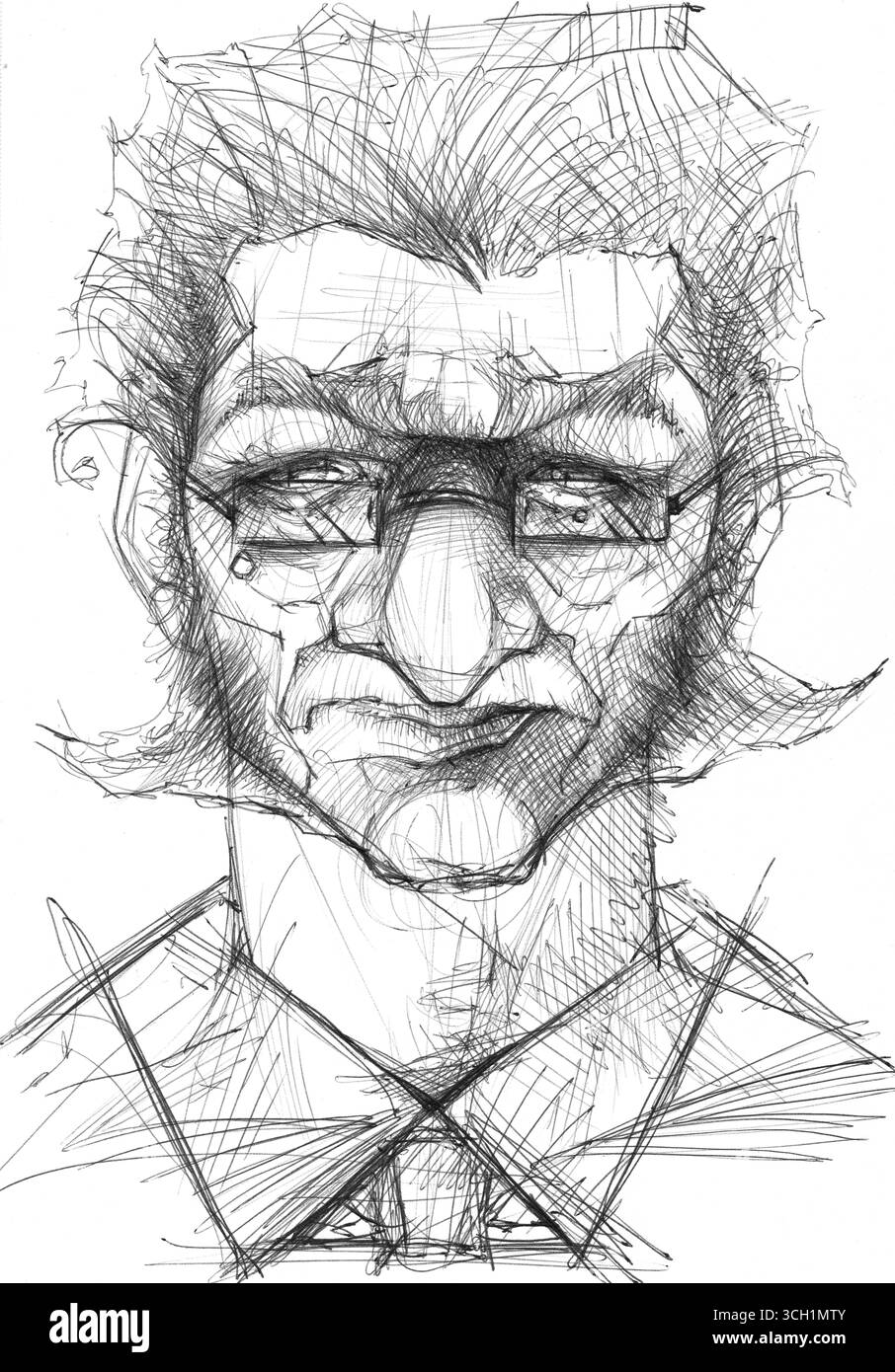 Un ritratto investigativo disegnato a penna, con tratti rapidi e incrociati, raffigura il volto duro e sospetto di un uomo. Foto Stock Un ritratto investigativo disegnato a penna, con tratti rapidi e incrociati, raffigura il volto duro e sospetto di un uomo. Foto Stock