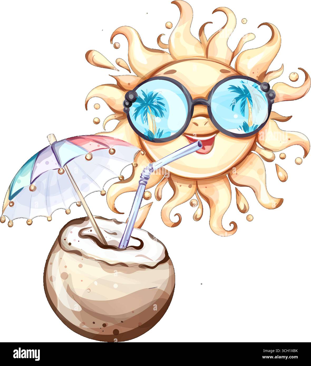 Le vibrazioni estive sono illustrate da un sole allegro che indossa gli occhiali da sole, sorseggiando una rinfrescante bevanda al cocco sotto un ombrellone, a simboleggiare il relax Illustrazione Vettoriale