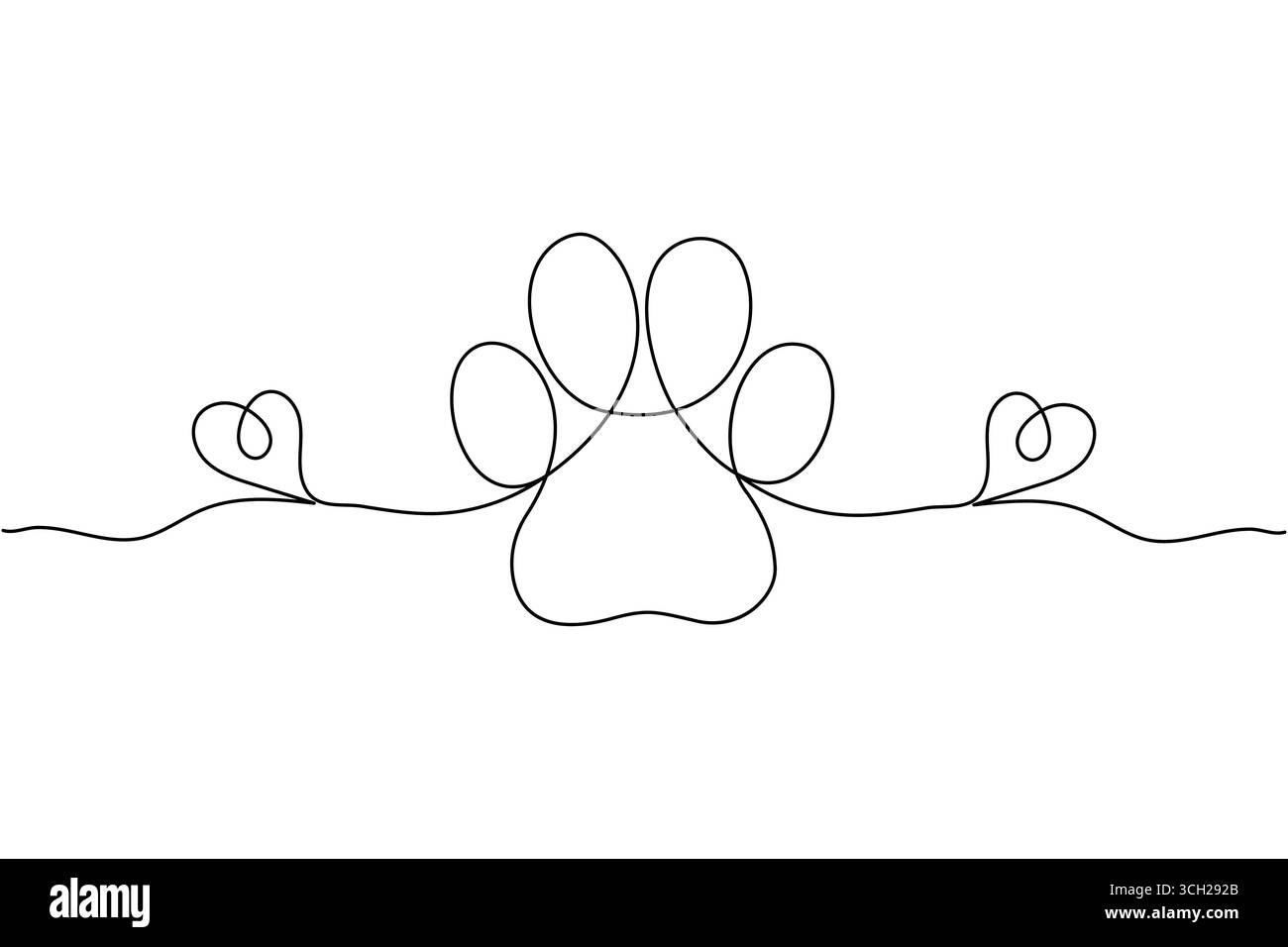 Disegno su una sola linea di una zampa di cane con stampa cuori zampa di cane Illustrazione Vettoriale