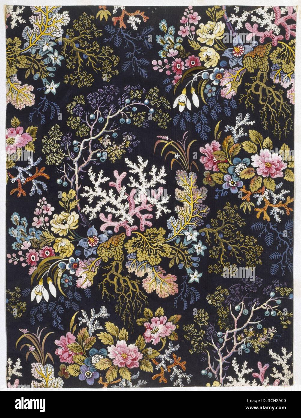 Disegno per un cotone stampato di William Kilburn, creato tra il 1788 circa e il 1792 circa. L'intricato motivo tessile presenta forme stilizzate di alghe intrecciate con fiori e fogliame colorati, che riflettono la maestria di Kilburn nei disegni botanici e marini. Foto Stock