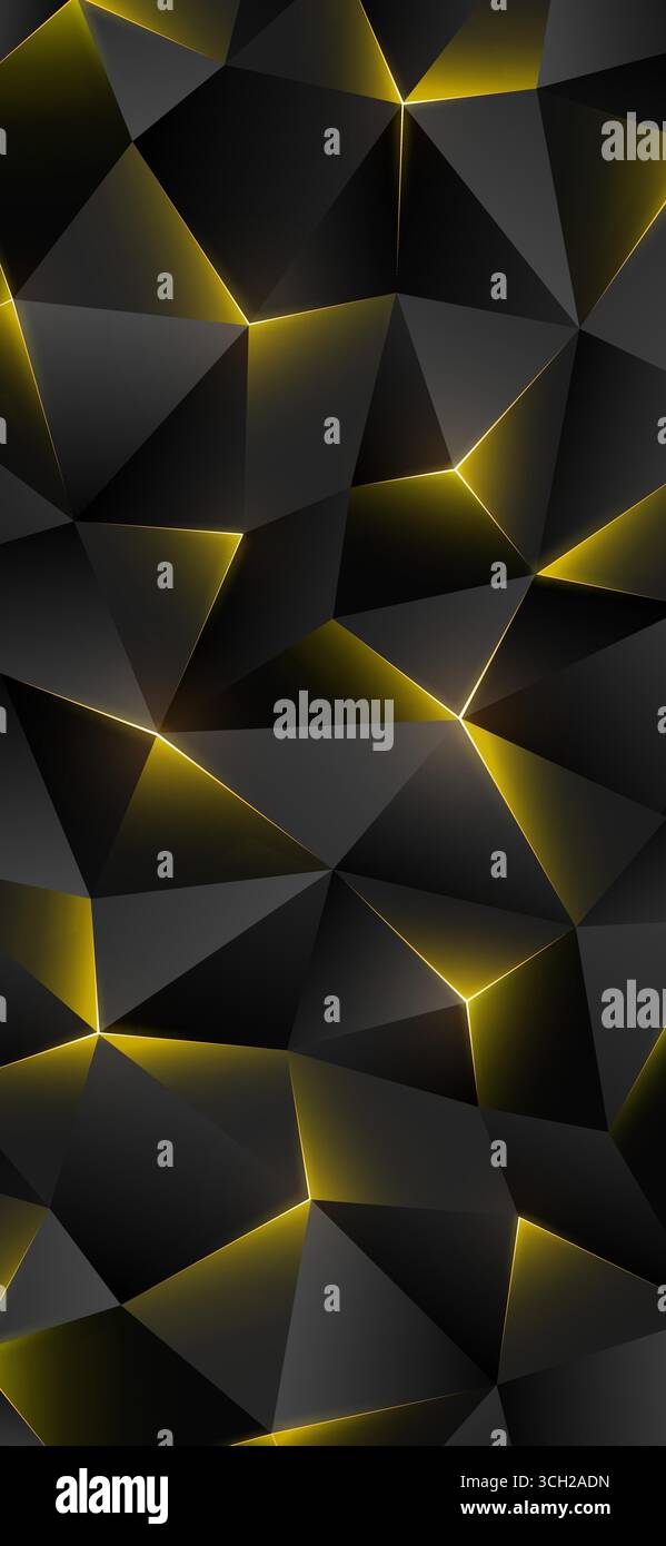 Sfondo scuro per smartphone con basso contenuto di poli. Sfondo geometrico astratto, triangoli. Linee brillanti, triangolo. Sfondo grigio giallo dorato. Design poligonale Illustrazione Vettoriale