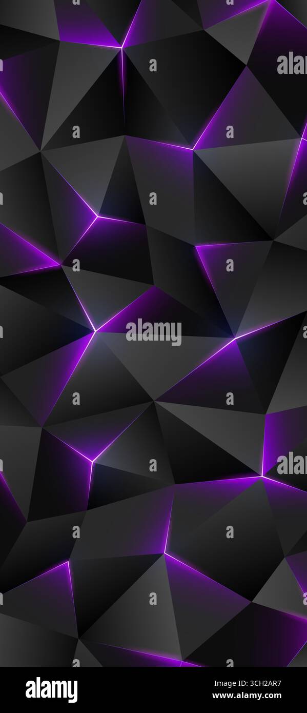 Sfondo scuro per smartphone con basso contenuto di poli. Sfondo geometrico astratto con triangoli. Sfondo grigio e viola. Linee brillanti, triangolo. Innovazione concettuale Illustrazione Vettoriale