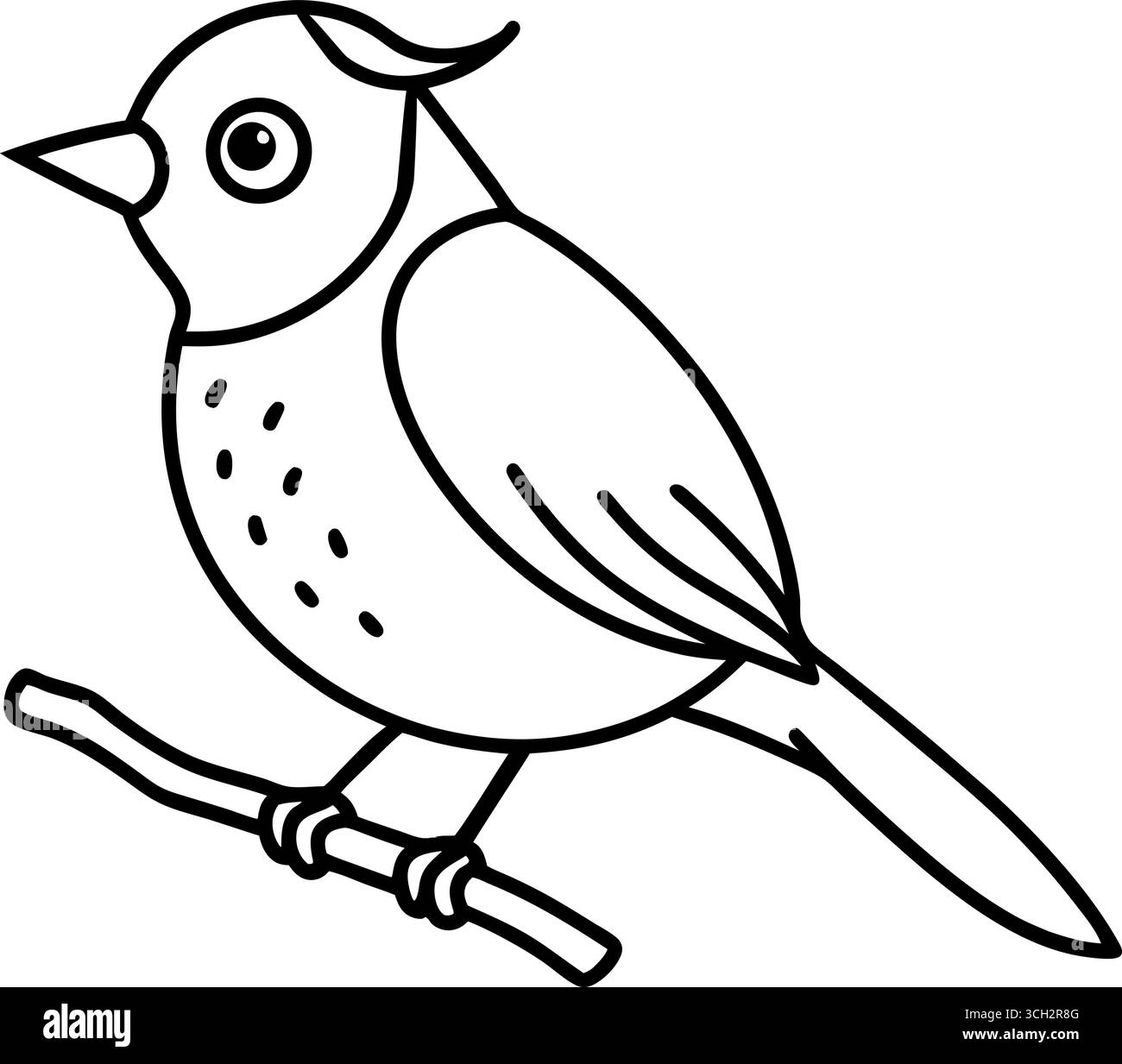 Affascinante line art di un piccolo uccello appollaiato su un ramoscello semplice stile cartoni animati Illustrazione Vettoriale
