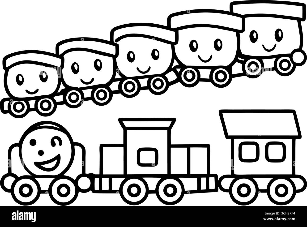 Carino cartoni animati con volti sorridenti e carrozze connesse, divertimento per i bambini Illustrazione Vettoriale