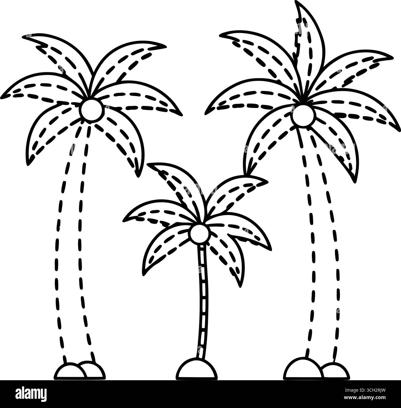 Palme a linee tratteggiate linea semplice che disegna il paradiso tropicale delle spiagge elemento di divertimento estivo Illustrazione Vettoriale