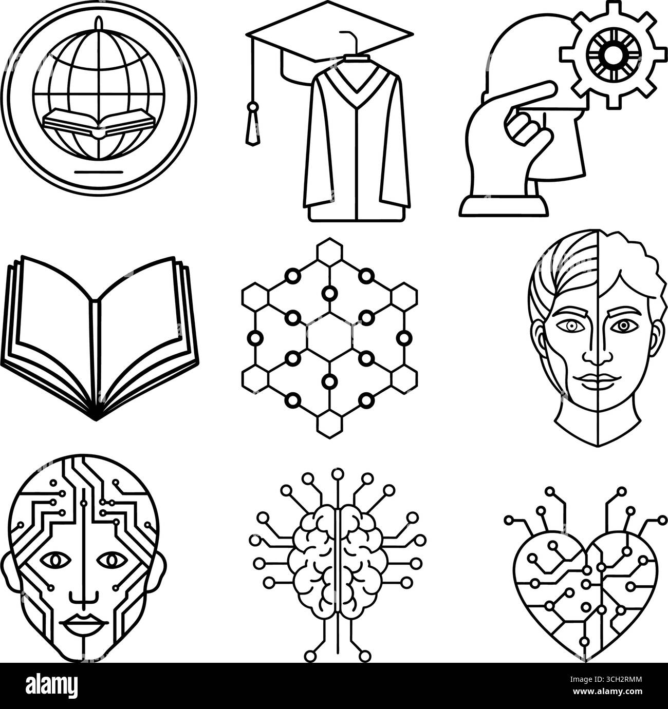 Raccolta di icone della tecnologia dell'istruzione e dell'intelligenza artificiale per piattaforme di apprendimento digitale Illustrazione Vettoriale