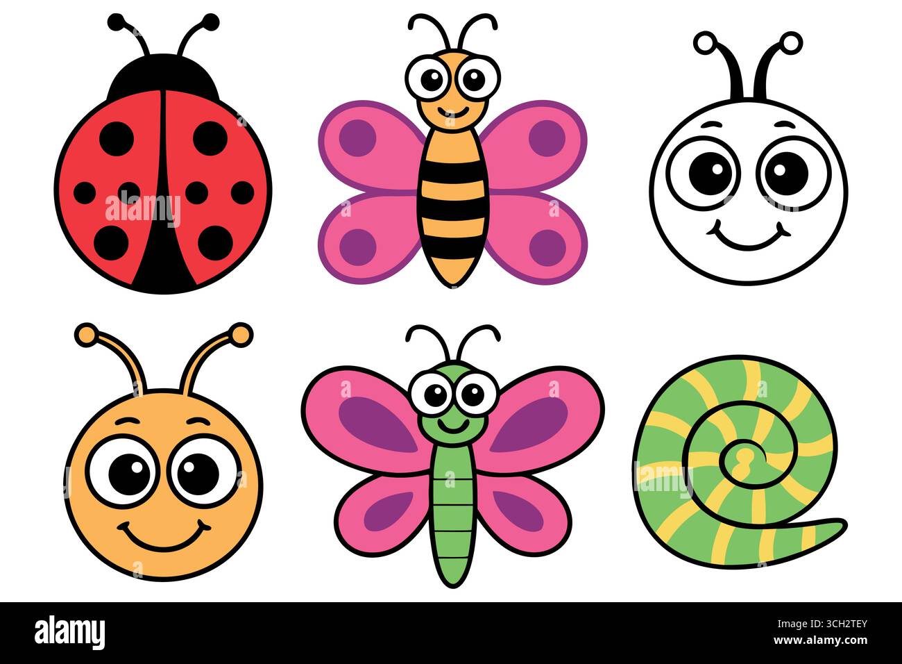 Cute Cartoon Insects: Ladybug, Bee, Butterfly, and Snail Illustrations for Kids' Designs. Illustrazione Vettoriale