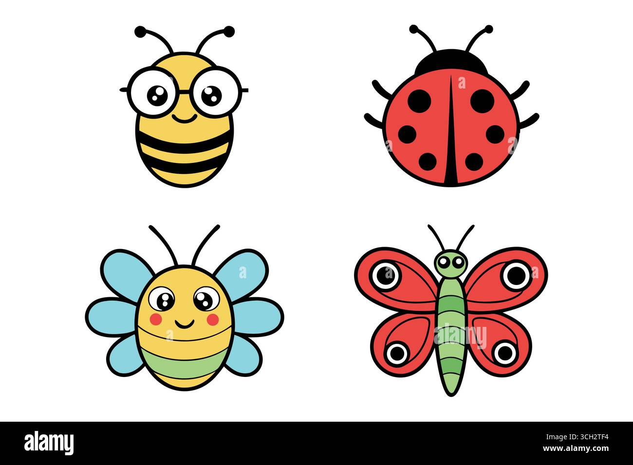 Cute Cartoon Insects: Bee, Ladybug, Butterfly e Flower Bee illustrazioni; Childlike, Happy Style. Illustrazione Vettoriale