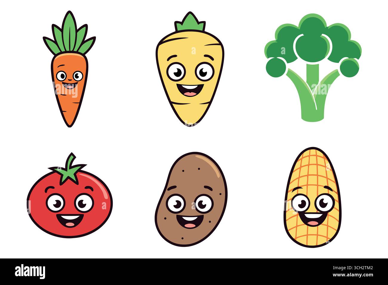 Verdure cartoni animati felici con volti e occhi Illustrazione Vettoriale