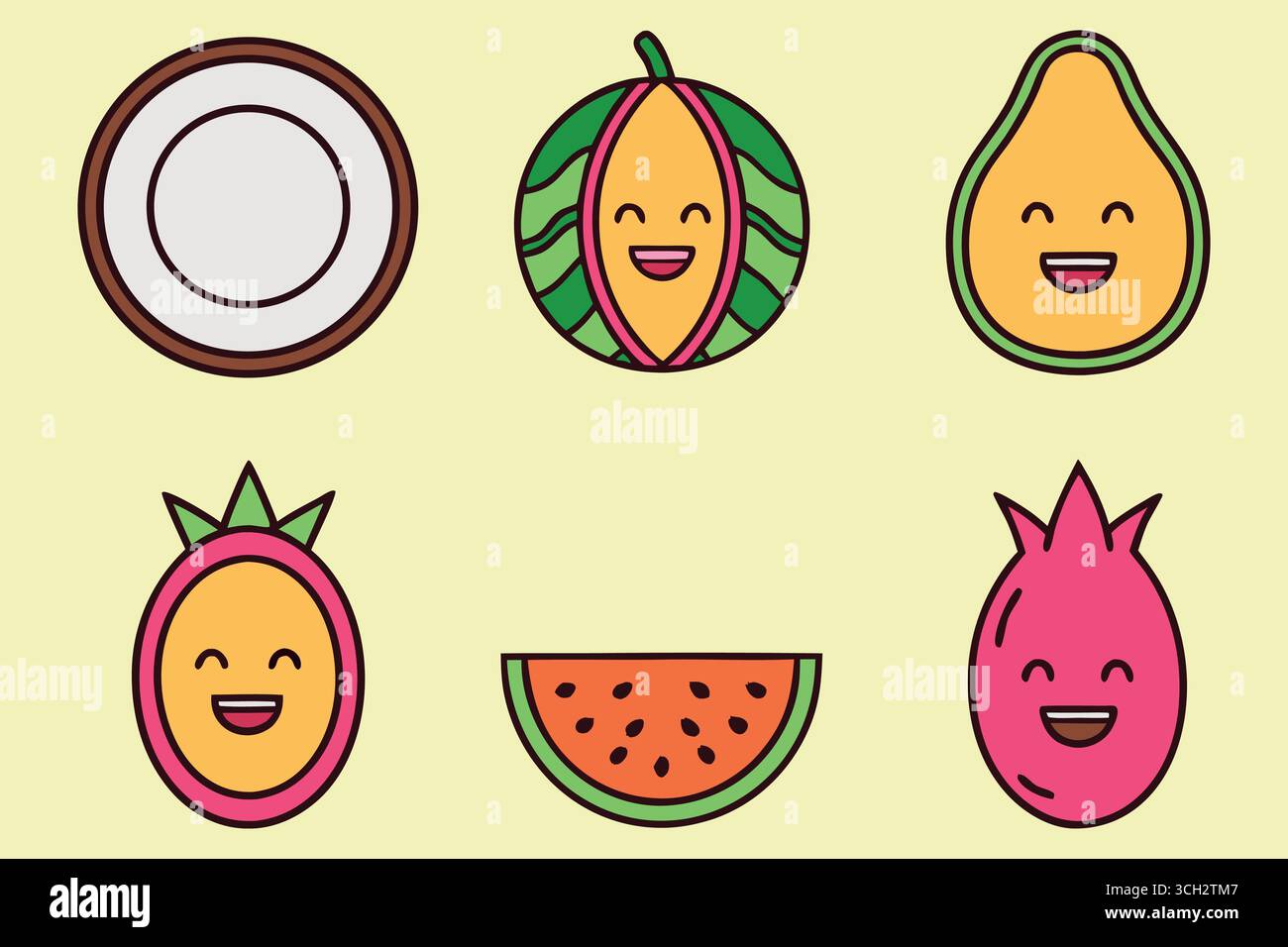 Simpatici personaggi di frutta kawaii con volti felici Illustrazione Vettoriale