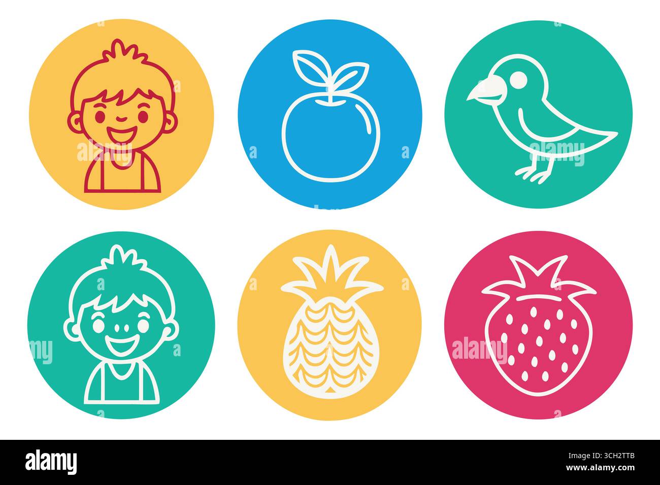 Simpatici cartoni animati con frutta e animali per bambini in ovali colorati Illustrazione Vettoriale