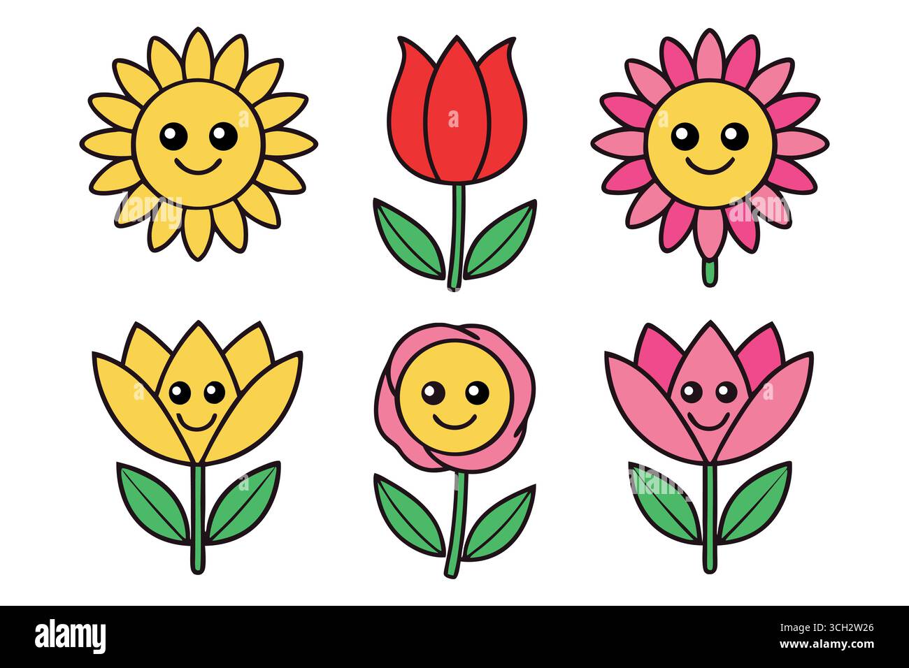 Graziosi fiori di cartoni animati con volti felici e gambi verdi Illustrazione Vettoriale