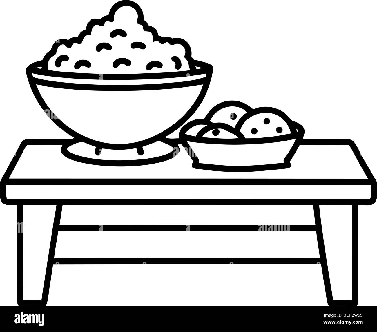Semplice disegno in linea di un tavolo con due ciotole di cibo e piccoli oggetti rotondi Illustrazione Vettoriale