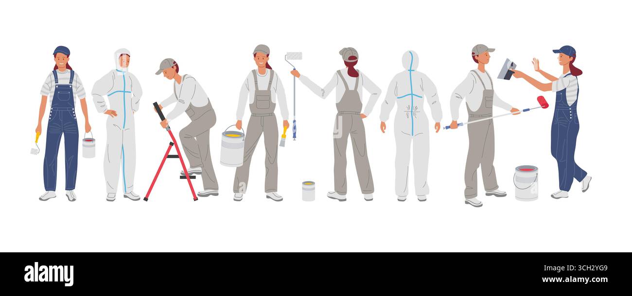 Diverse fasi di un progetto di verniciatura con i lavoratori che preparano e applicano la vernice Illustrazione Vettoriale